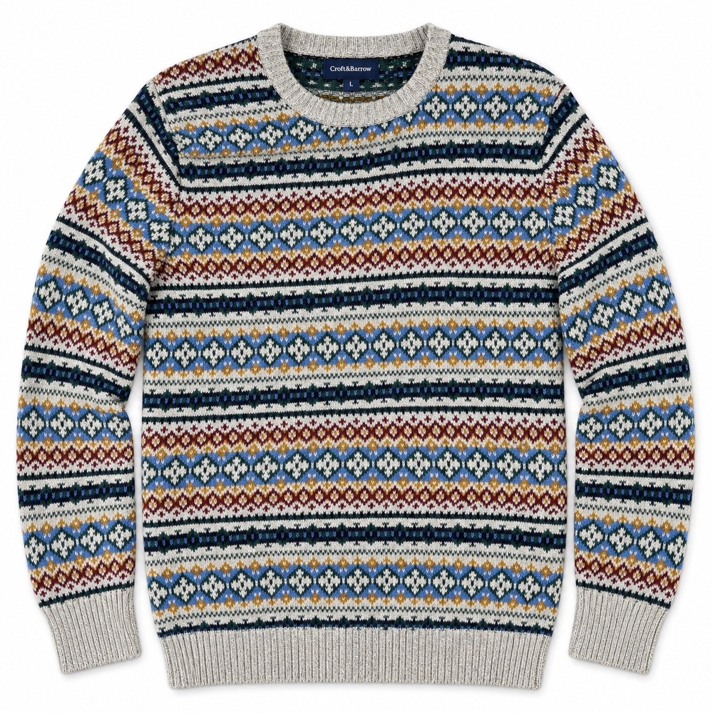 Croft & Barrow Mens Fair Isle Crewneck Sweater Grey Blue Geometric Knit Large